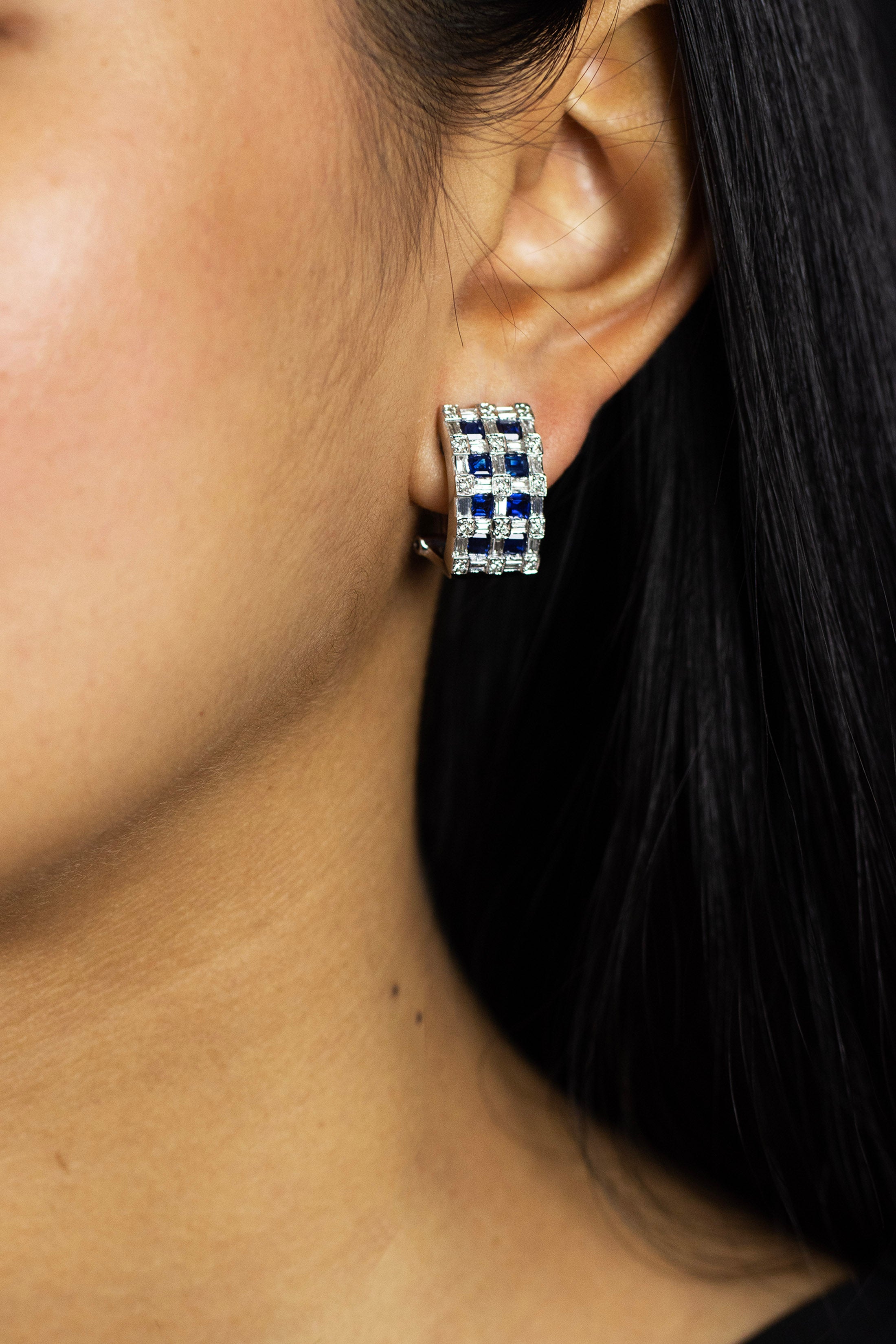 2.40 Carats Total Asscher Cut Sapphire with Diamond Hoop Earrings in White Gold