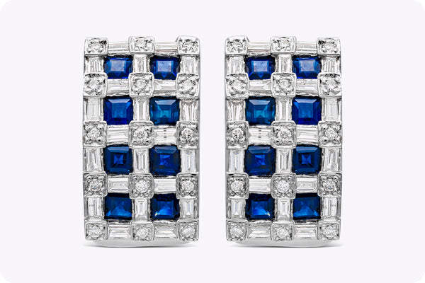 2.40 Carats Total Asscher Cut Sapphire with Diamond Hoop Earrings in White Gold