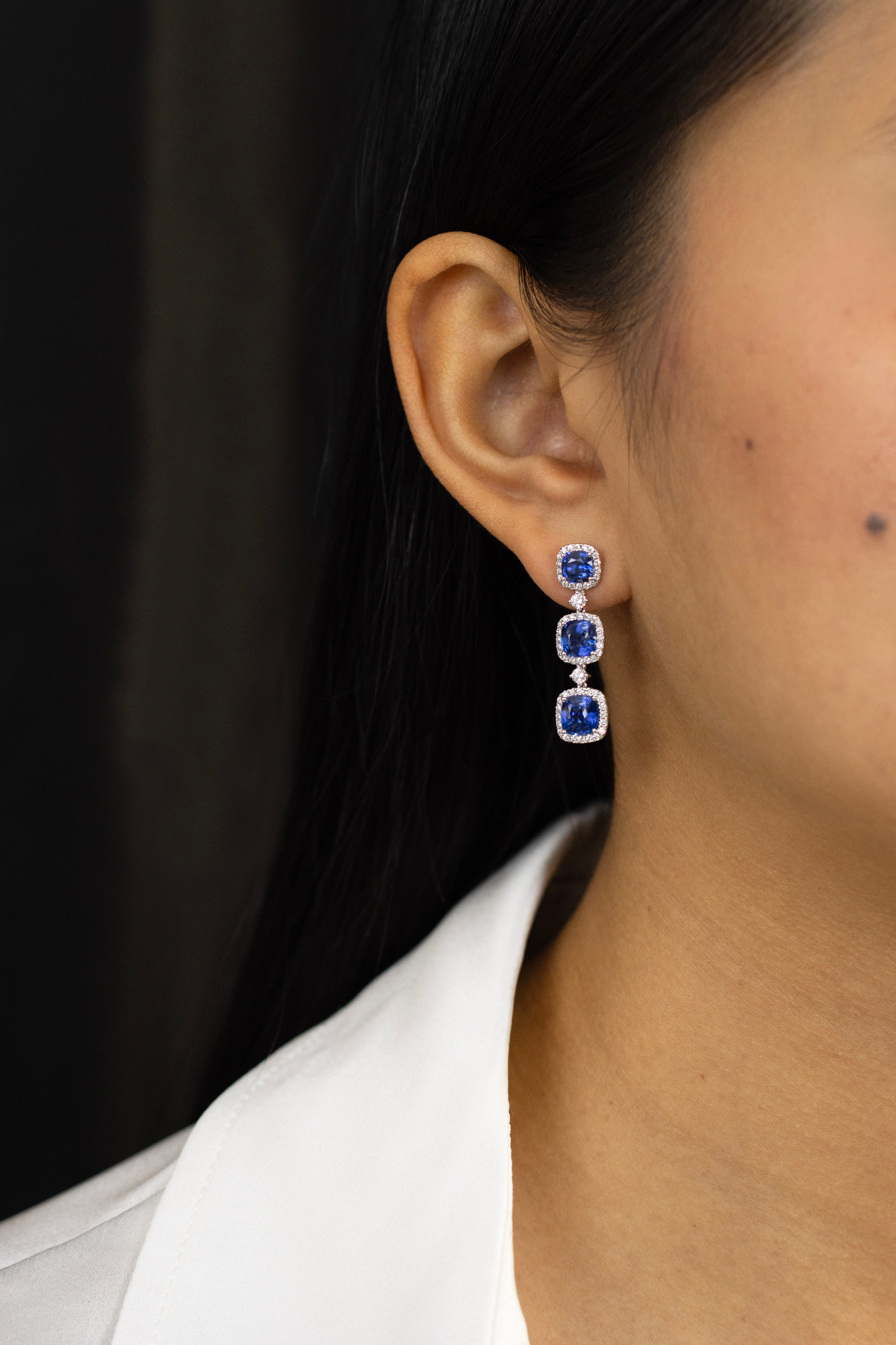 6.72 Carats Total Cushion Cut Sapphire with Diamond Drop Earrings in 18K White Gold