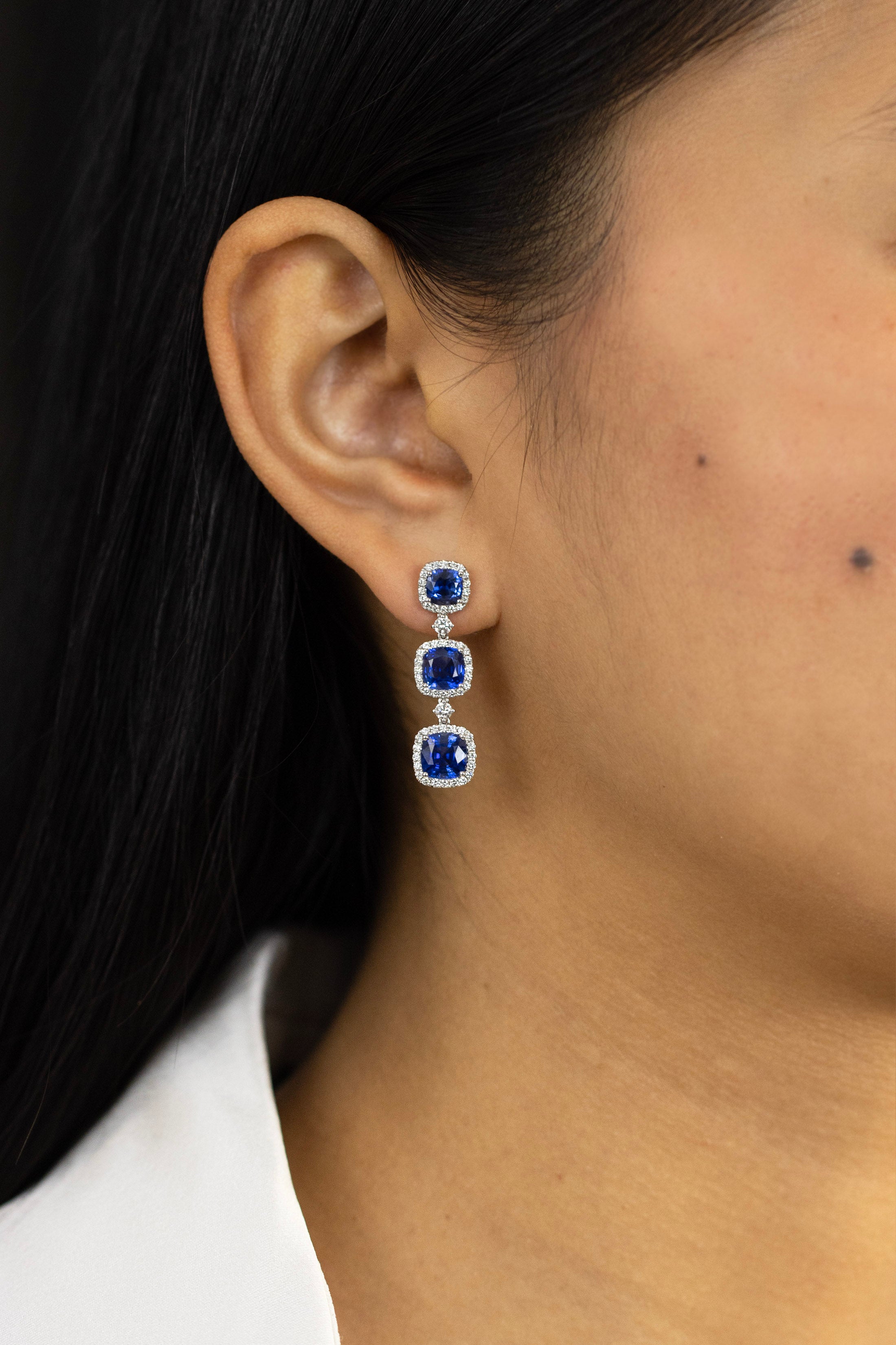 6.72 Carats Total Cushion Cut Sapphire with Diamond Drop Earrings in 18K White Gold