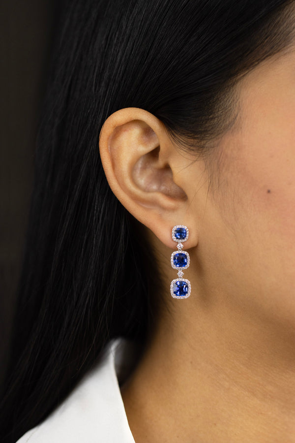 6.72 Carats Total Cushion Cut Sapphire with Diamond Drop Earrings in 18K White Gold