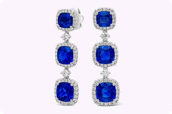 6.72 Carats Total Cushion Cut Sapphire with Diamond Drop Earrings in 18K White Gold