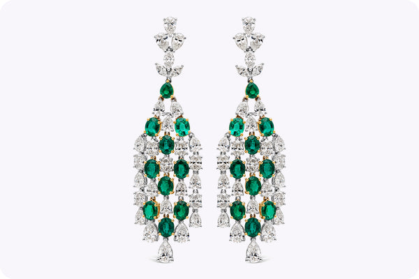 14.84 Carats Total Mixed Cut Emerald and Diamond Chandelier Earrings in White Gold