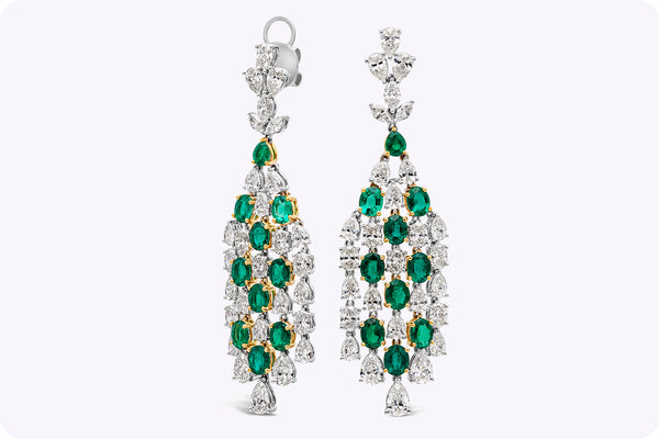 14.84 Carats Total Mixed Cut Emerald and Diamond Chandelier Earrings in White Gold