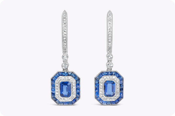 1.33 Carats Total Emerald Cut Sapphire & Diamond Halo Dangle Earrings in Platinum