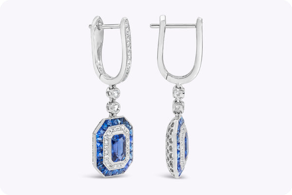 1.33 Carats Total Emerald Cut Sapphire & Diamond Halo Dangle Earrings in Platinum