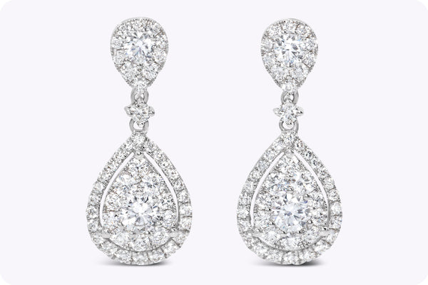 1.94 Carats Total Pear Shape Diamond Dangle Drop Earrings in White Gold