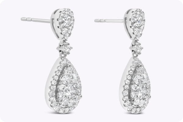 1.94 Carats Total Pear Shape Diamond Dangle Drop Earrings in White Gold