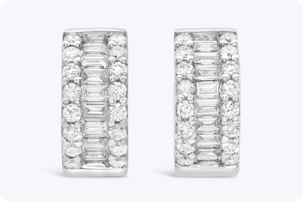 0.72 Carat Total Baguette & Round Cut Diamond Huggie Earrings in White Gold