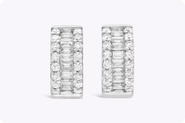 0.72 Carat Total Baguette & Round Cut Diamond Huggie Earrings in White Gold