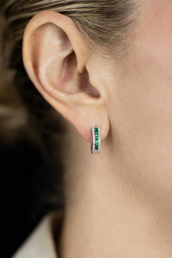 0.60 Carat Total Mixed-Cut Emerald & Diamond Huggie Earrings in White Gold