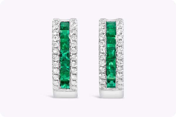 0.60 Carat Total Mixed-Cut Emerald & Diamond Huggie Earrings in White Gold