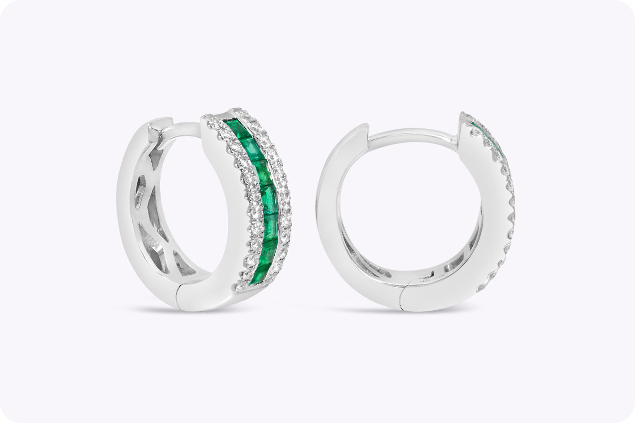 0.60 Carat Total Mixed-Cut Emerald & Diamond Huggie Earrings in White Gold