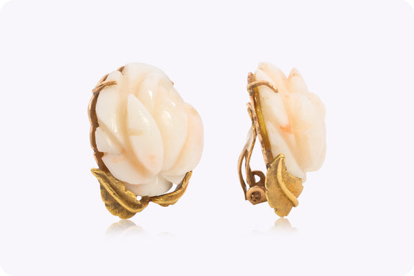 Antique Angel Skin Carved Coral Fashion Earrings in Yellow Gold