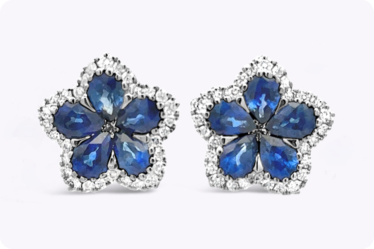 1.85 Carats Total Pear Shape Sapphire & Diamond Halo Flower Stud Earrings in White Gold