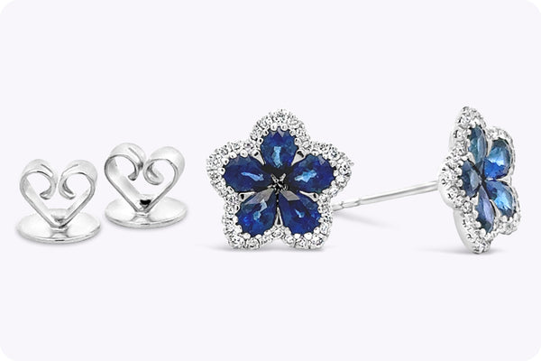 1.85 Carats Total Pear Shape Sapphire & Diamond Halo Flower Stud Earrings in White Gold