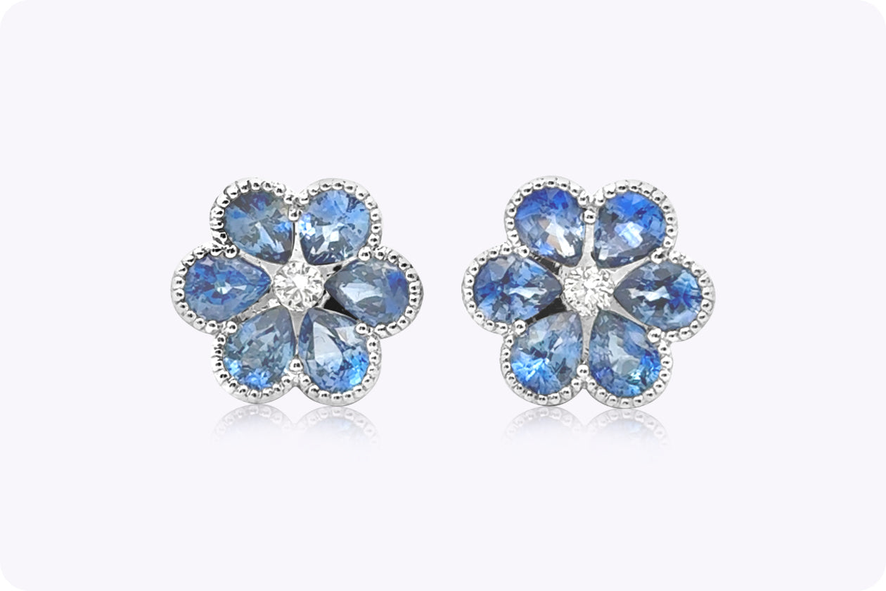 3.04 Carats Total Pear Shape Sapphire & Diamond Floral Stud Earrings in White Gold