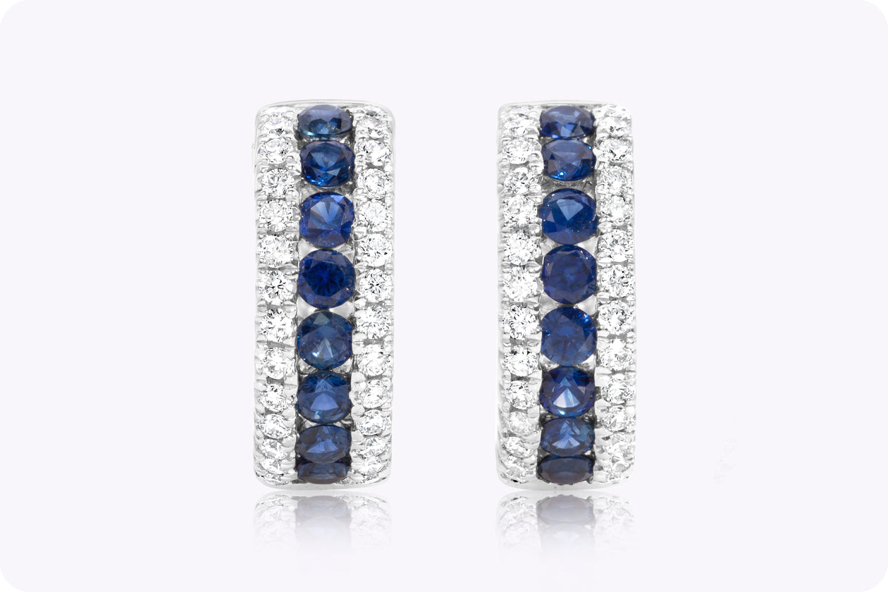 0.93 Carat Total Round Cut Sapphire & Diamond Huggie Earrings in White Gold