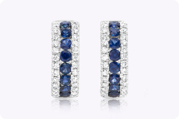 0.93 Carat Total Round Cut Sapphire & Diamond Huggie Earrings in White Gold