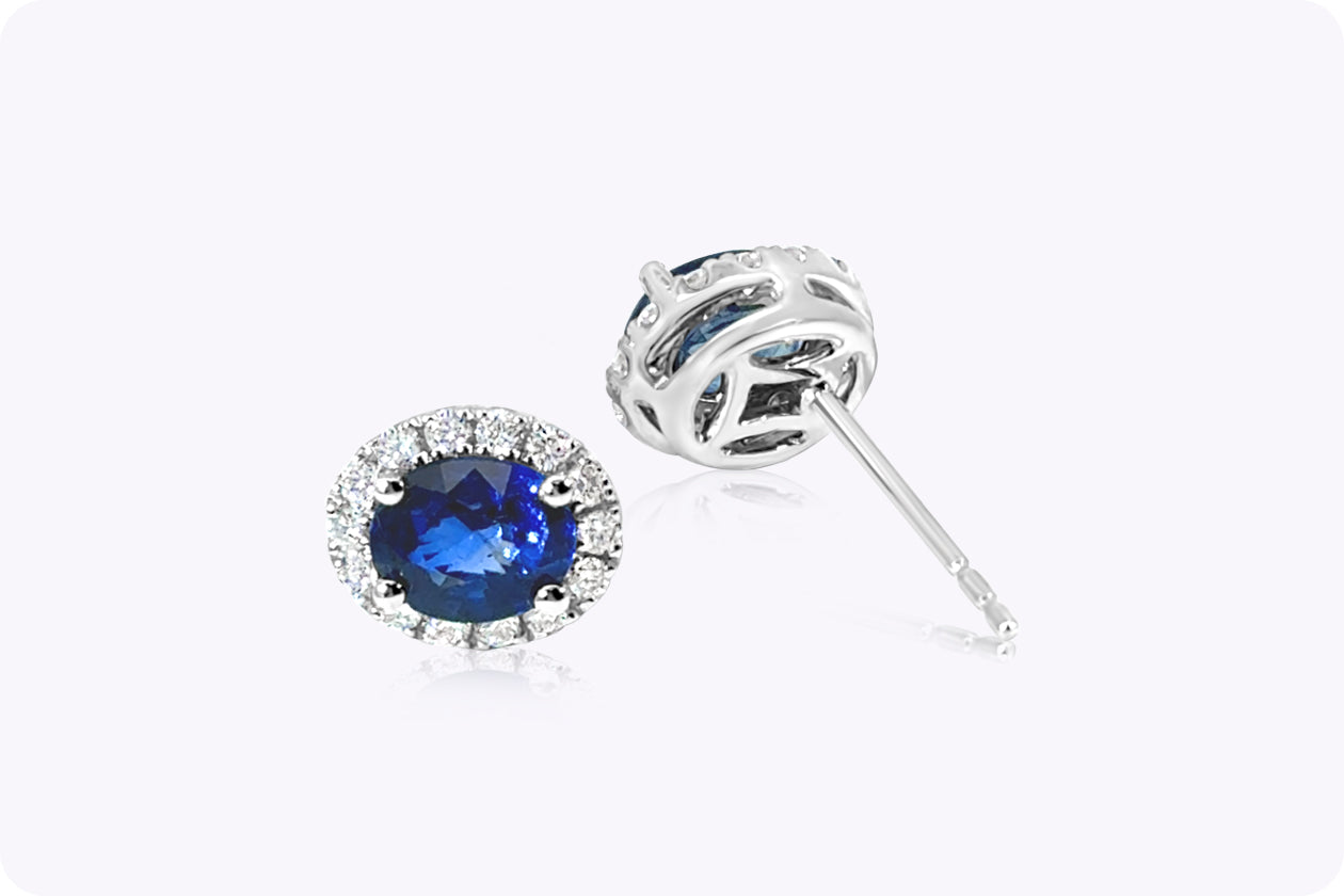 2.25 Carats Total Oval Cut Sapphire & Diamond Halo Stud Earrings in White Gold