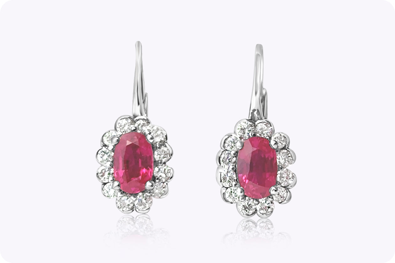 1.26 Carats Total Oval Cut Ruby & Diamond Halo Leverback Earrings in White Gold