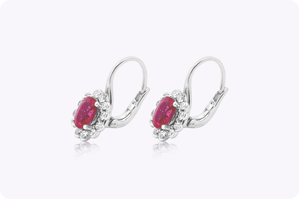 1.26 Carats Total Oval Cut Ruby & Diamond Halo Leverback Earrings in White Gold