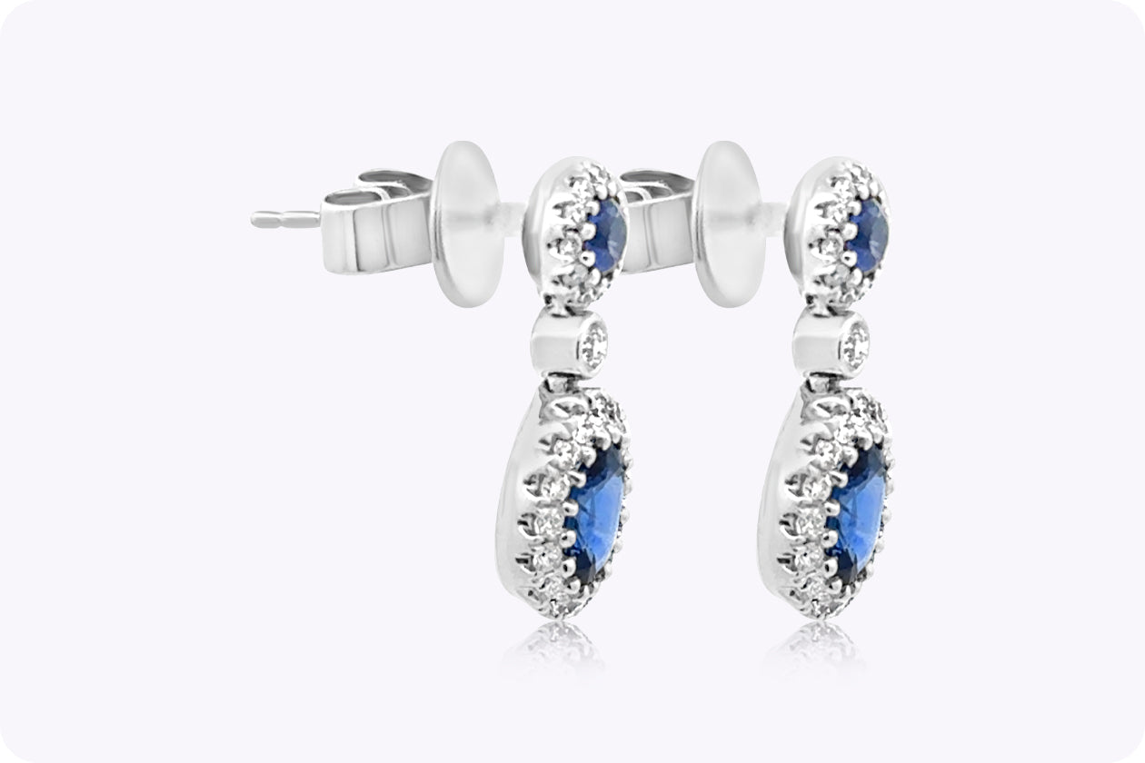 1.48 Carats Total Mixed-Cut Sapphire & Diamond Halo Drop Stud Earrings in White Gold