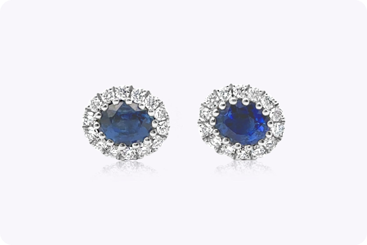 0.68 Carat Oval Cut Sapphire & Diamond Halo Stud Earrings in White Gold