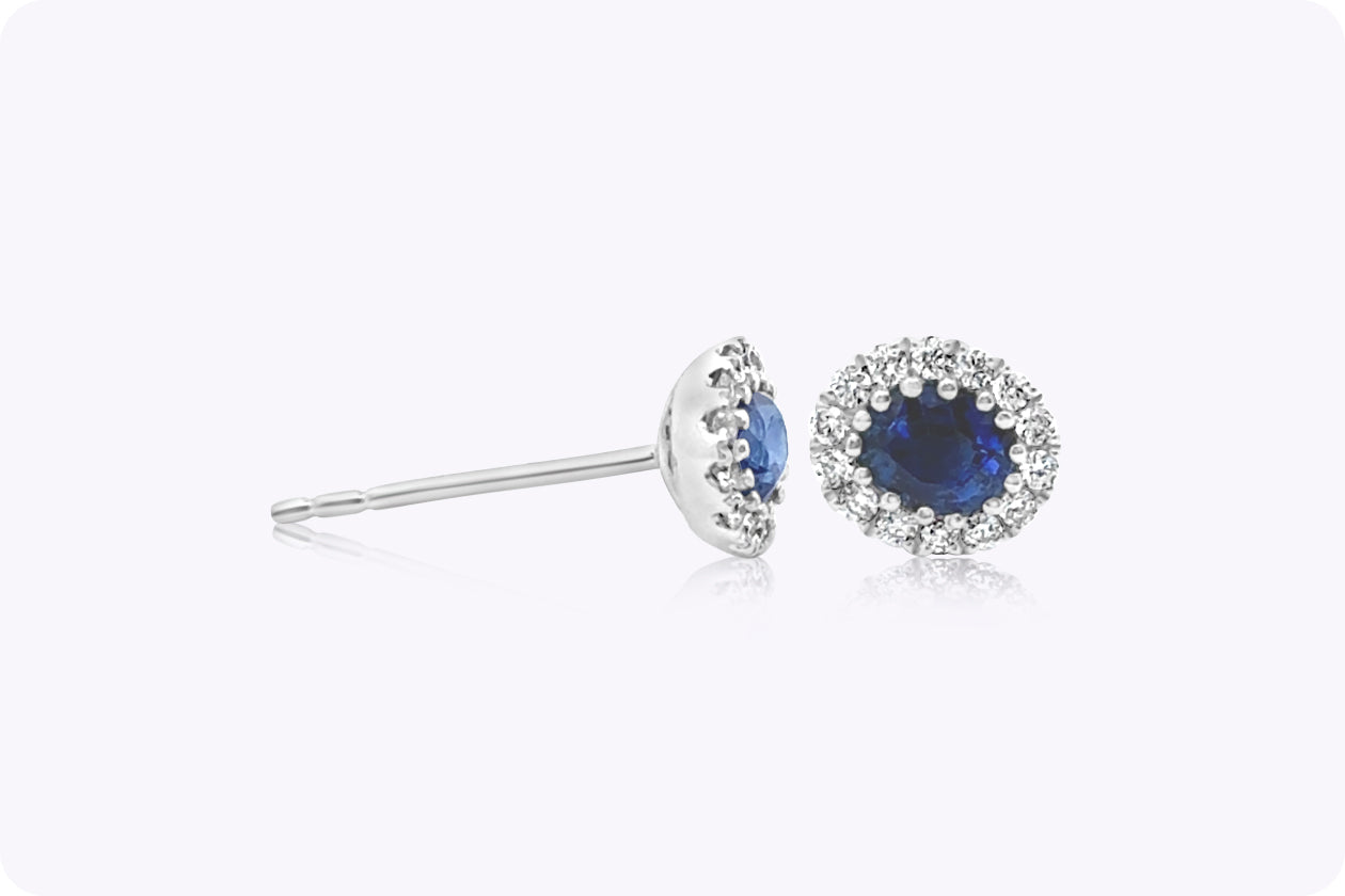 0.68 Carat Oval Cut Sapphire & Diamond Halo Stud Earrings in White Gold