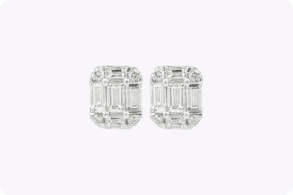 0.49 Carat Total Baguette & Round Cut Diamond Illusion Stud Earrings in White Gold