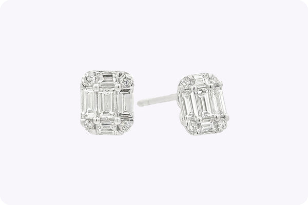 0.49 Carat Total Baguette & Round Cut Diamond Illusion Stud Earrings in White Gold