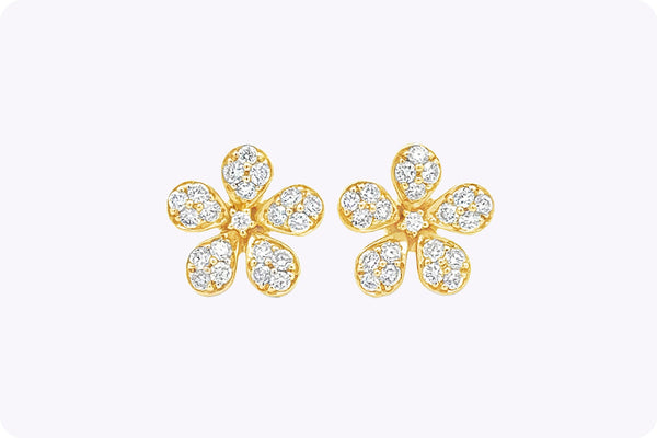 0.52 Carat Total Round Cut Diamond Floral Stud Earrings in Yellow Gold