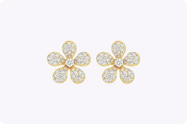 1.23 Carats Total Round Cut Diamond Floral Stud Earrings in Yellow Gold