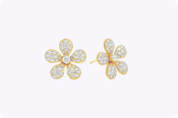Total Round Cut Diamond Floral Stud Earrings in Yellow Gold
