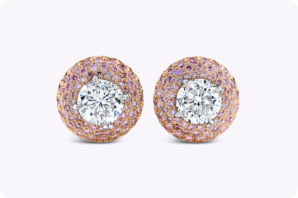 GIA Certified 2.03 Carats Round Brilliant Cut Diamond Stud Earrings in Platinum & Rose Gold