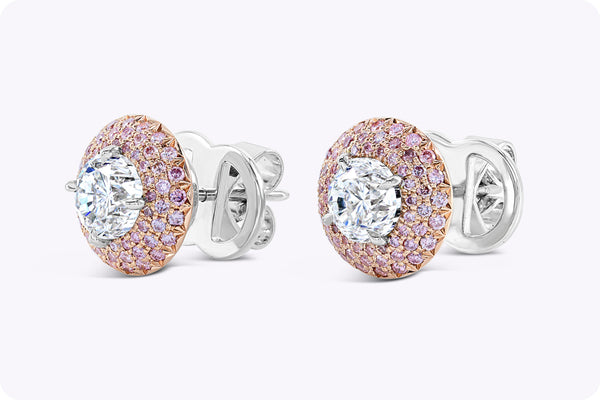 GIA Certified 2.03 Carats Round Brilliant Cut Diamond Stud Earrings in Platinum & Rose Gold