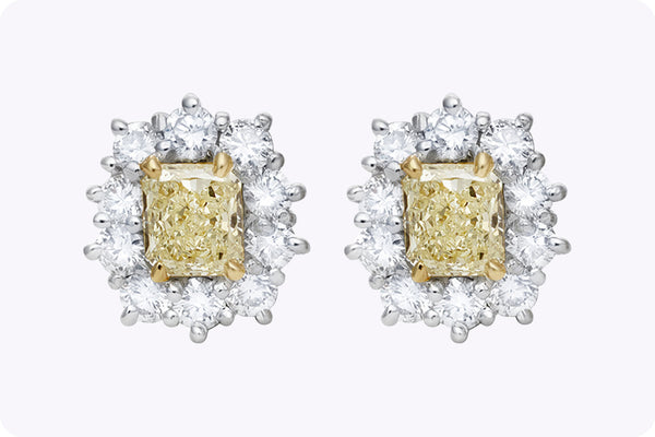 1.02 Carats Total Radiant Cut Yellow Diamond Halo Earrings in Yellow Gold & Platinum