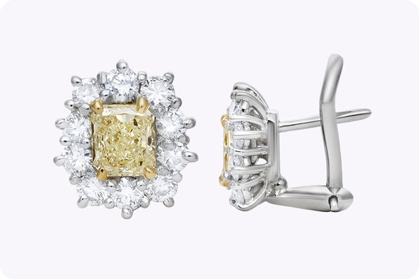 Radiant Cut Yellow Diamond Halo Earrings in Yellow Gold & Platinum