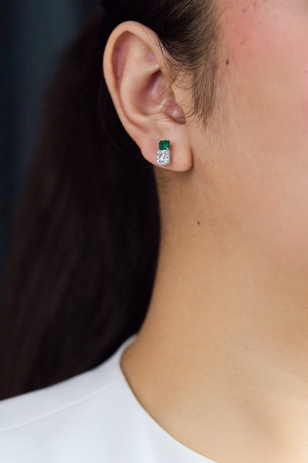 Vivid 2.02-carat radiant cut diamond and emerald stud earrings