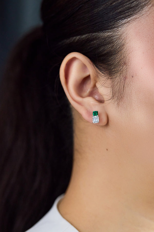 2.02-carat radiant cut diamond and emerald stud earrings