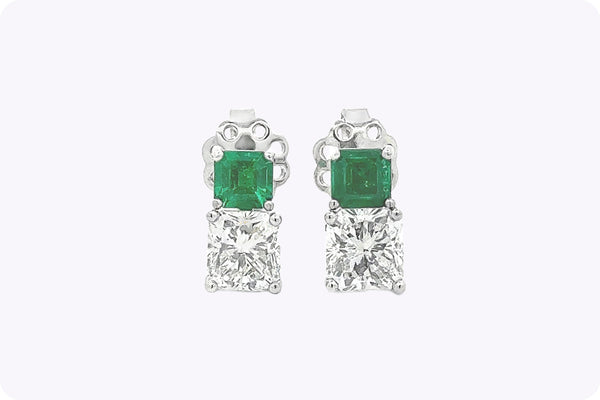 2.02 Carats Radiant Cut Diamond & Emerald Stud Earrings in Platinum
