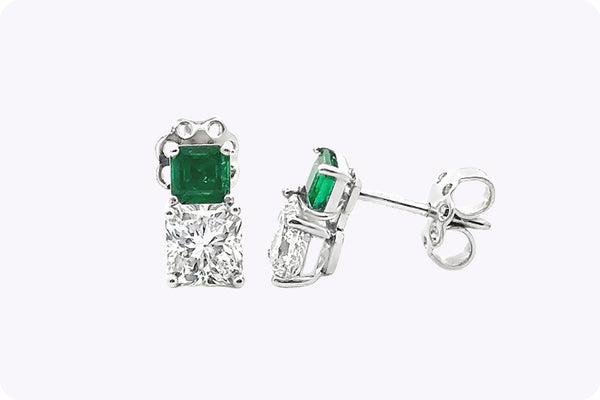 Radiant Cut Diamond & Emerald Stud Earrings in Platinum