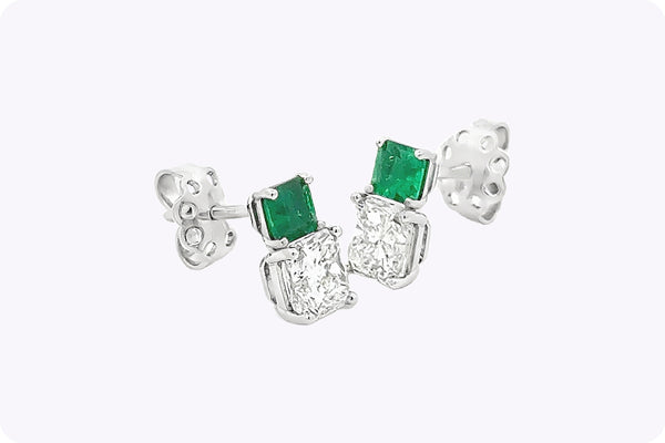 Radiant Cut Diamond & Emerald Stud Earrings