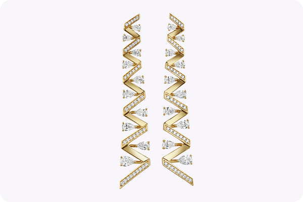 3.52 Carats Total Round Cut Diamond Zigzag Drop Earrings in Yellow Gold