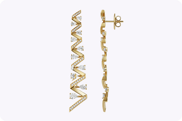 3.52 Carats Total Round Cut Diamond Zigzag Drop Earrings in Yellow Gold