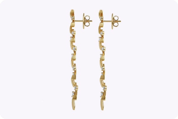 3.52 Carats Total Round Cut Diamond Zigzag Drop Earrings in Yellow Gold