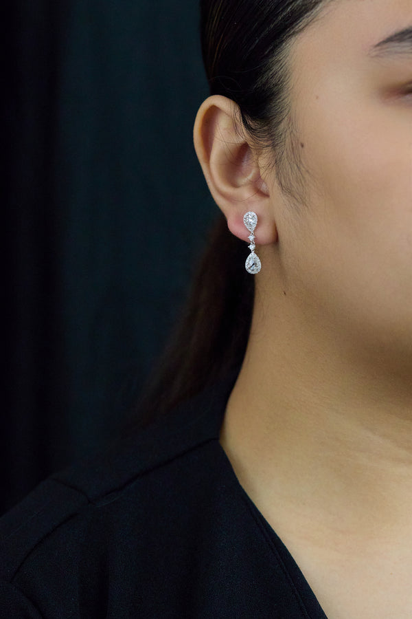 1.87 Carats Total Pear Shape Rose Cut Diamond Dangle Earrings in White Gold