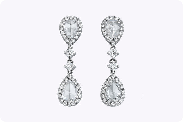 1.87 Carats Total Pear Shape Rose Cut Diamond Dangle Earrings in White Gold