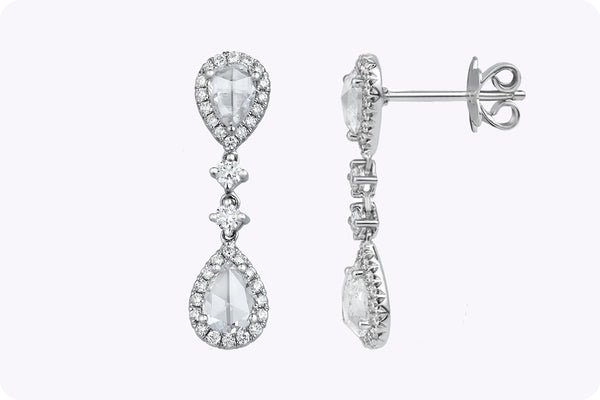 1.87 Carats Total Pear Shape Rose Cut Diamond Dangle Earrings in White Gold