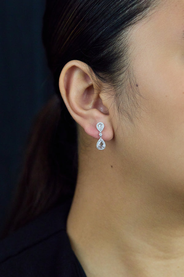 1.42 Carats Total Pear Shape Rose Cut Diamond Dangle Earrings in White Gold